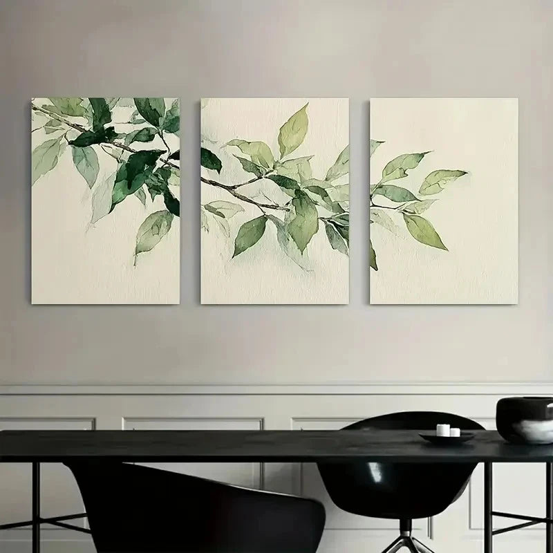 3pcs Watercolor Green Leaves on Branch Metal Print Ready to Hang Art