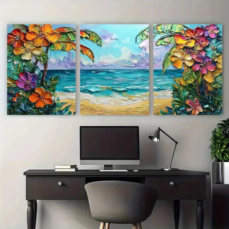 3pcs Tropical Beach Floral Coastal Texture Metal Print Ready to Hang Art