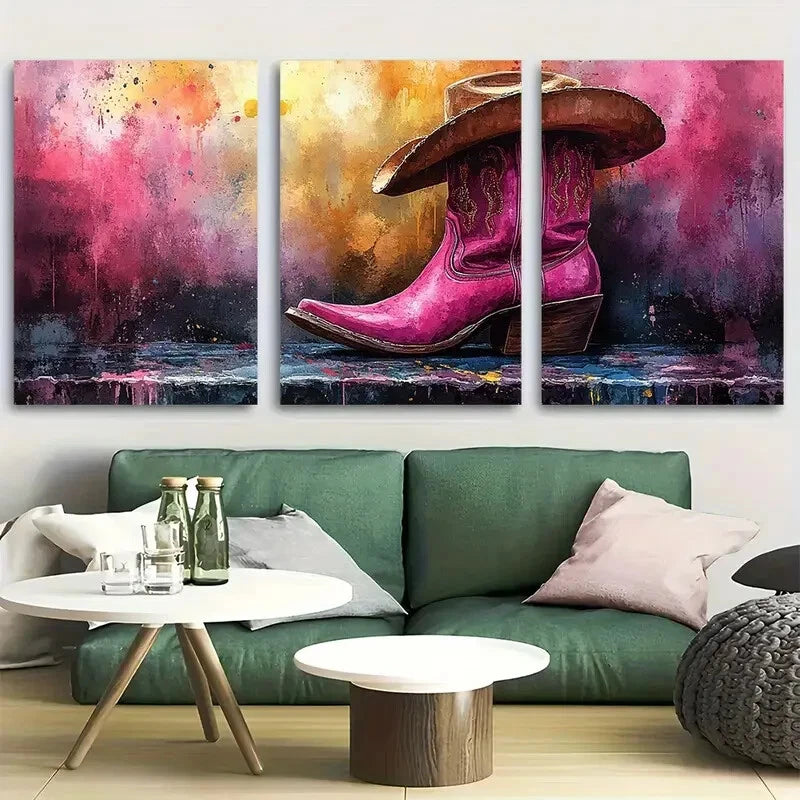 3pcs Groovy and Funky Cowgirl Boots Design Metal Print Ready to Hang Art