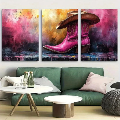 3pcs Groovy and Funky Cowgirl Boots Design Metal Print Ready to Hang Art