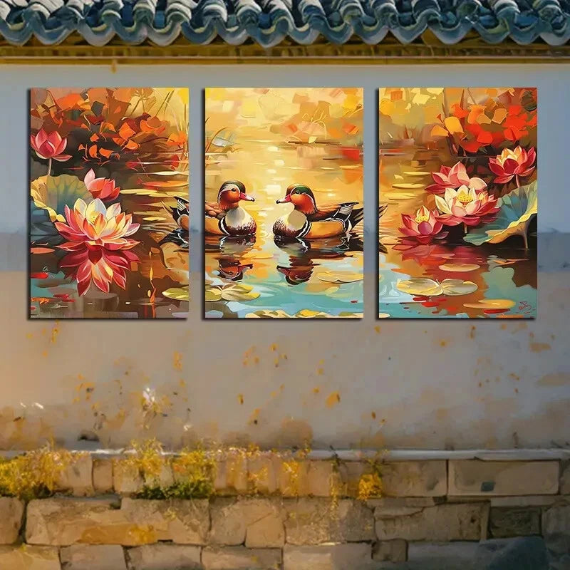 3pcs Mandarin Ducks Glide on The Babbling Water Metal Print Ready to Hang Art