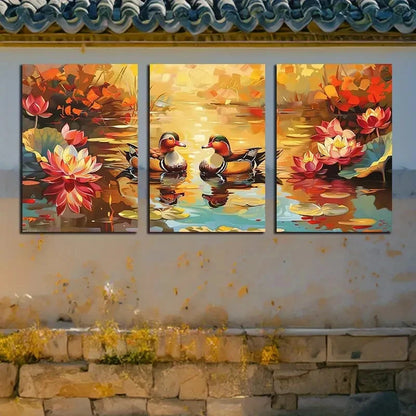 3pcs Mandarin Ducks Glide on The Babbling Water Metal Print Ready to Hang Art