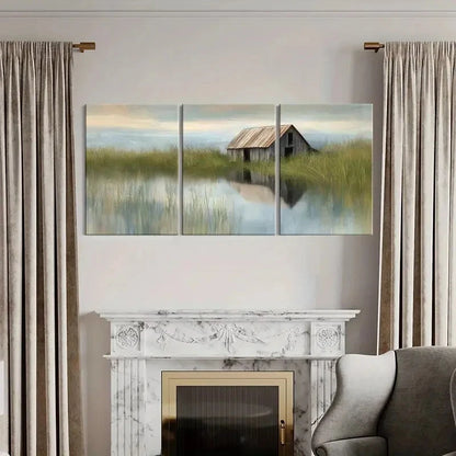 3pcs Serene Lake Calm Atmosphere Barn Reflection Metal Print Ready to Hang Art