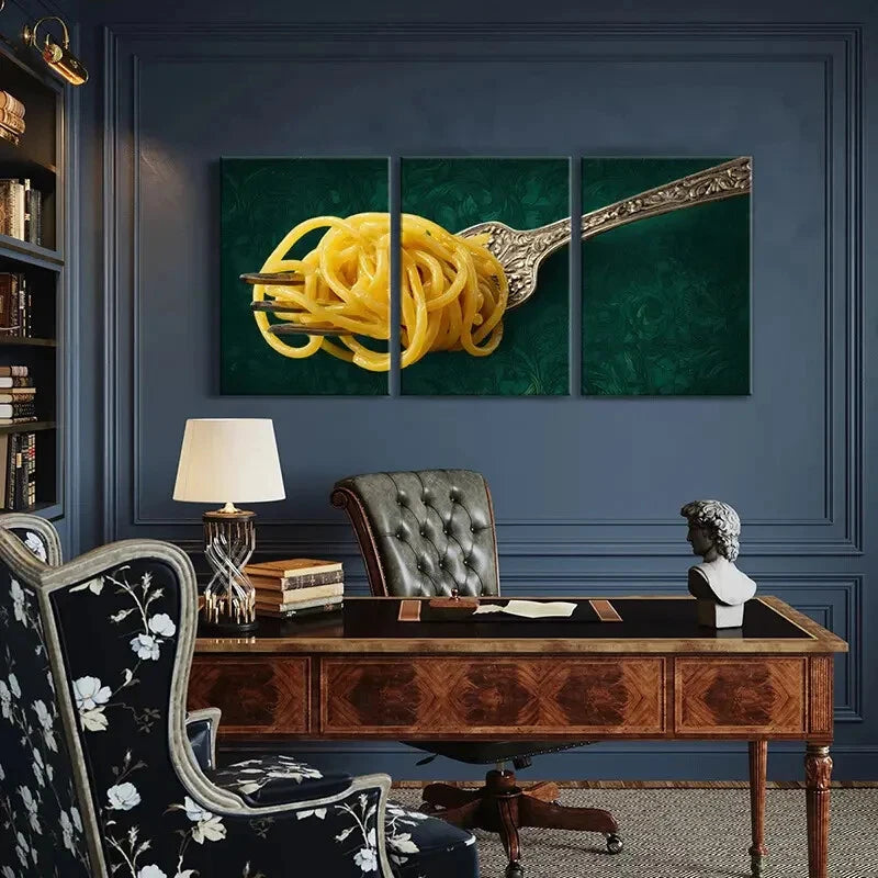 3pcs Elegant Fork with Pasta Intricate Design Metal Print Ready to Hang Art