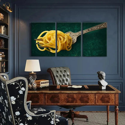 3pcs Elegant Fork with Pasta Intricate Design Metal Print Ready to Hang Art