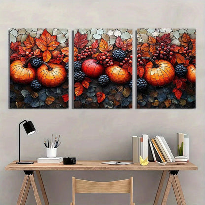 3pcs Beautiful Fall Mosaic Stained Glass Style Metal Print Ready to Hang Art