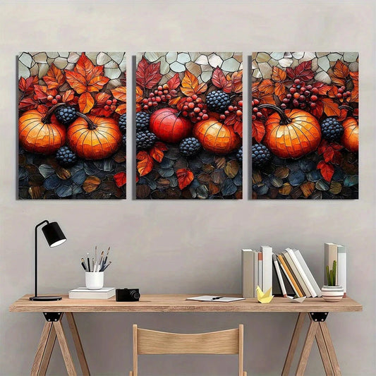 3pcs Beautiful Fall Mosaic Stained Glass Style Metal Print Ready to Hang Art