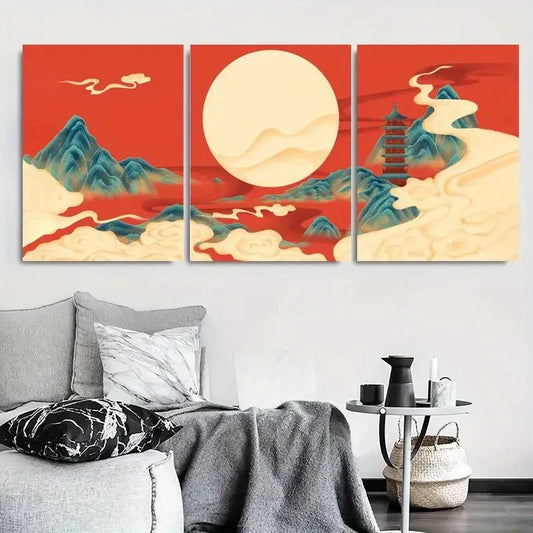 3pcs Chinese Zen Mountain Sun Wall Art Set Canvas Framed 40x60cm - High Quality Print 100% Australian Made Wall Canvas Ready to Hang