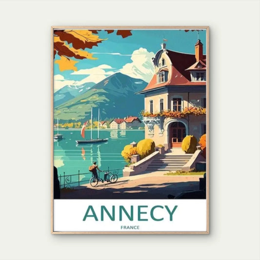 Annecy France Lake Houses & Mountains Alps Travel Poster Print Wall Art