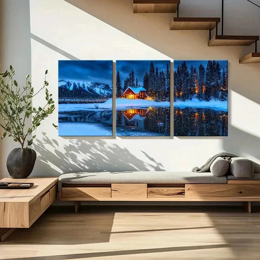 3pcs Winter Decoration Lake House Snow Scenery Wall Art Set Canvas Framed 40x60cm - High Quality Print 100% Australian Made Wall Canvas Ready to Hang