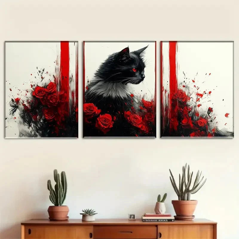 3pcs Eye-Catching Black Cat in Red Rose Metal Print Ready to Hang Art