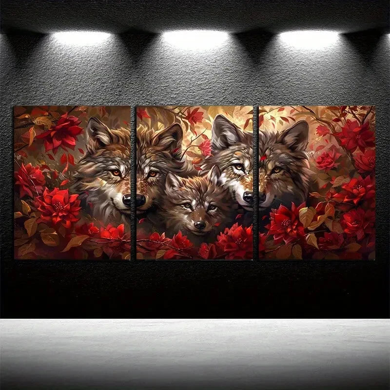 3pcs Mother Wolf with Cubs, Red Floral Design Metal Print Ready to Hang Art