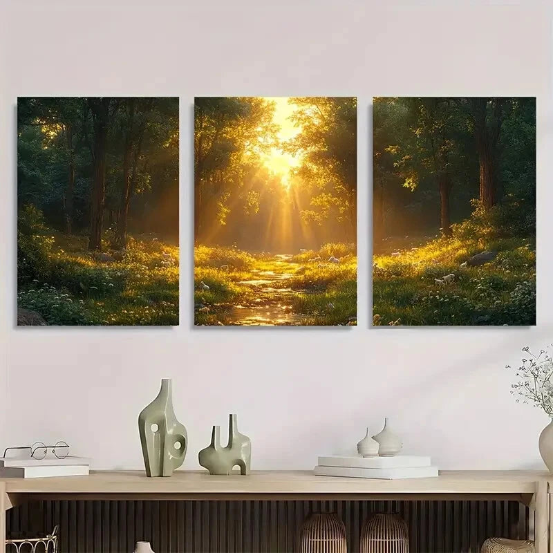 3pcs Scene With Sunlit Forest Dramatic Lighting Metal Print Ready to Hang Art