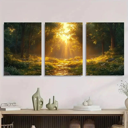 3pcs Scene With Sunlit Forest Dramatic Lighting Metal Print Ready to Hang Art