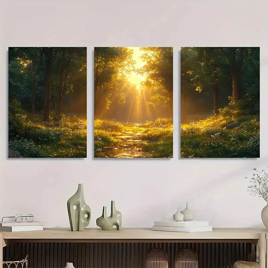3pcs Scene With Sunlit Forest Dramatic Lighting Metal Print Ready to Hang Art