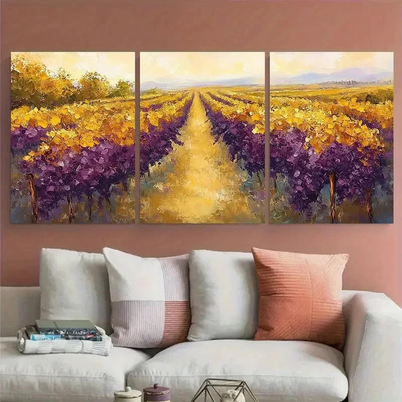 3pcs Plum Purple Goldenrod Yellow Sage Green Wall Art Set Canvas Framed 50x70cm - High Quality Print 100% Australian Made Wall Canvas Ready to Hang