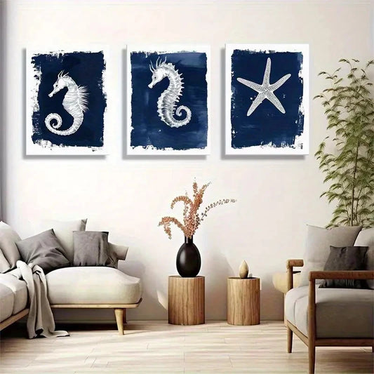 3pcs Ocean White Seahorse and Starfish Print Metal Print Ready to Hang Art