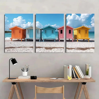 3pcs Summer Seaside Art Coastal Beach Huts Metal Print Ready to Hang Art