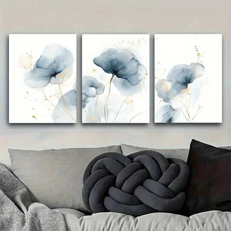 3pcs Elegant Blue Floral Art Set Metal Print Ready to Hang Art