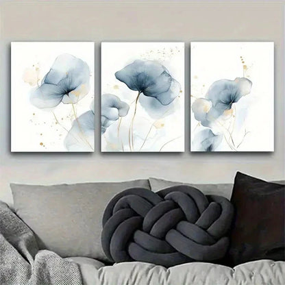 3pcs Elegant Blue Floral Art Set Metal Print Ready to Hang Art
