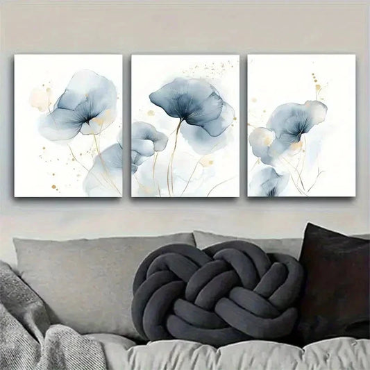 3pcs Elegant Blue Floral Art Set Metal Print Ready to Hang Art