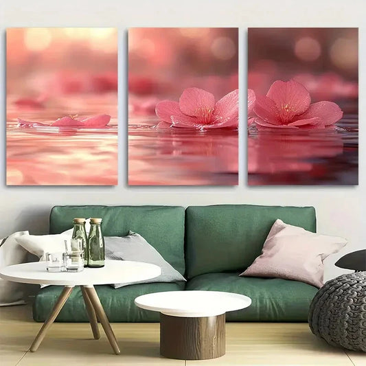 3pcs Floating Pink Petals Cottagecore Metal Print Ready to Hang Art