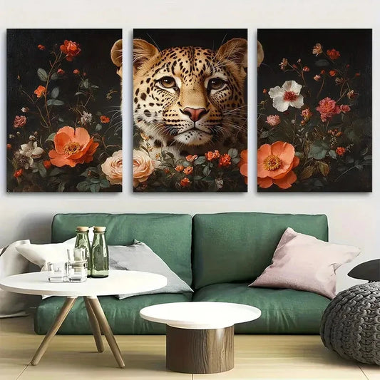 3pcs Royal Leopard Portrait with Flowers Metal Print Ready to Hang Art