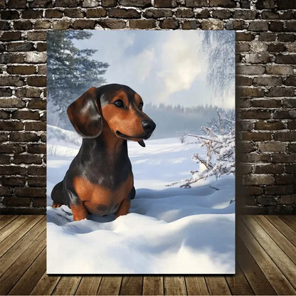 Beautiful Dachshund On The Snow Painting  40x60cm Metal Print Ready to Hang