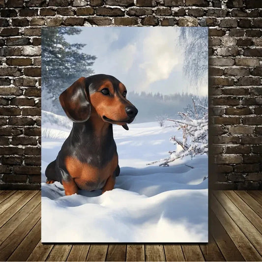 Beautiful Dachshund On The Snow Painting  40x60cm Metal Print Ready to Hang