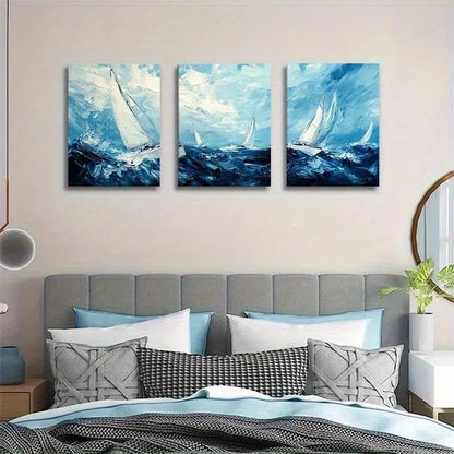 3pcs Blue & White Coastal Abstract Seascape Metal Print Ready to Hang Art