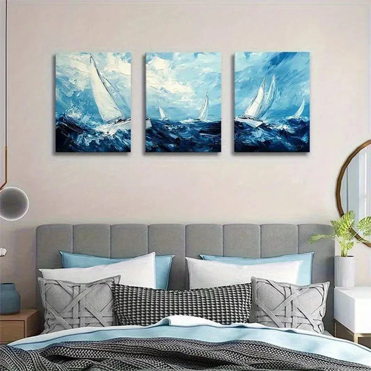 3pcs Blue & White Coastal Abstract Seascape Metal Print Ready to Hang Art
