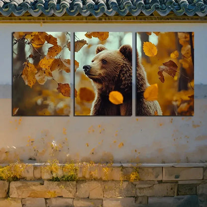 3pcs Rustic Bear in Autumn Leaves Metal Print Ready to Hang Art