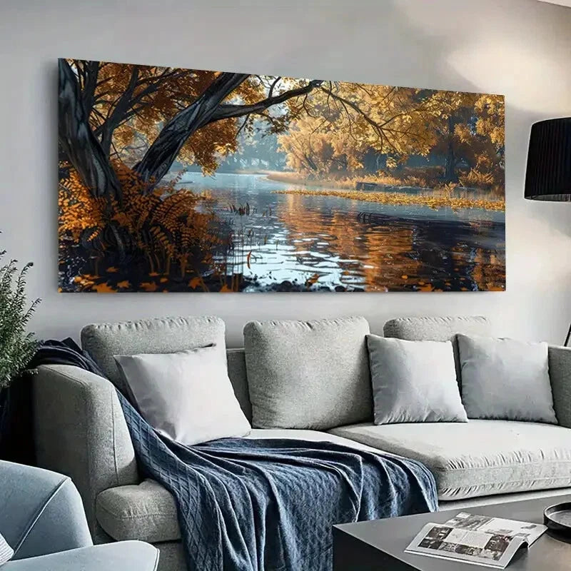 Autumn River Golden Leaf wall canvas office home room framed 120x60cm