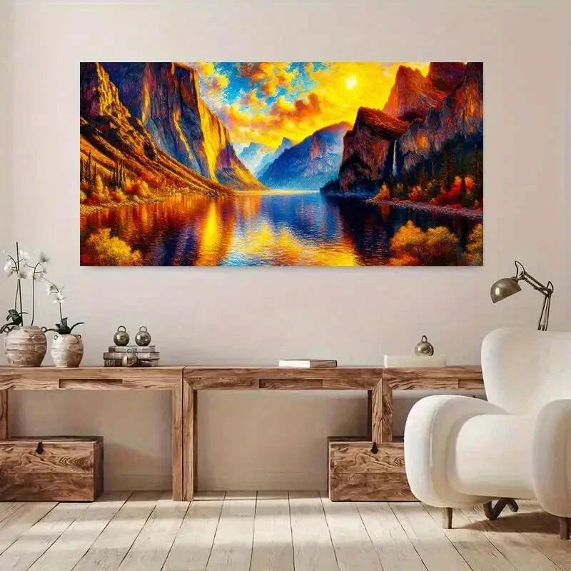 Sunset Over Serene Lake wall canvas office home room framed 120x60cm - Bella Home Decor