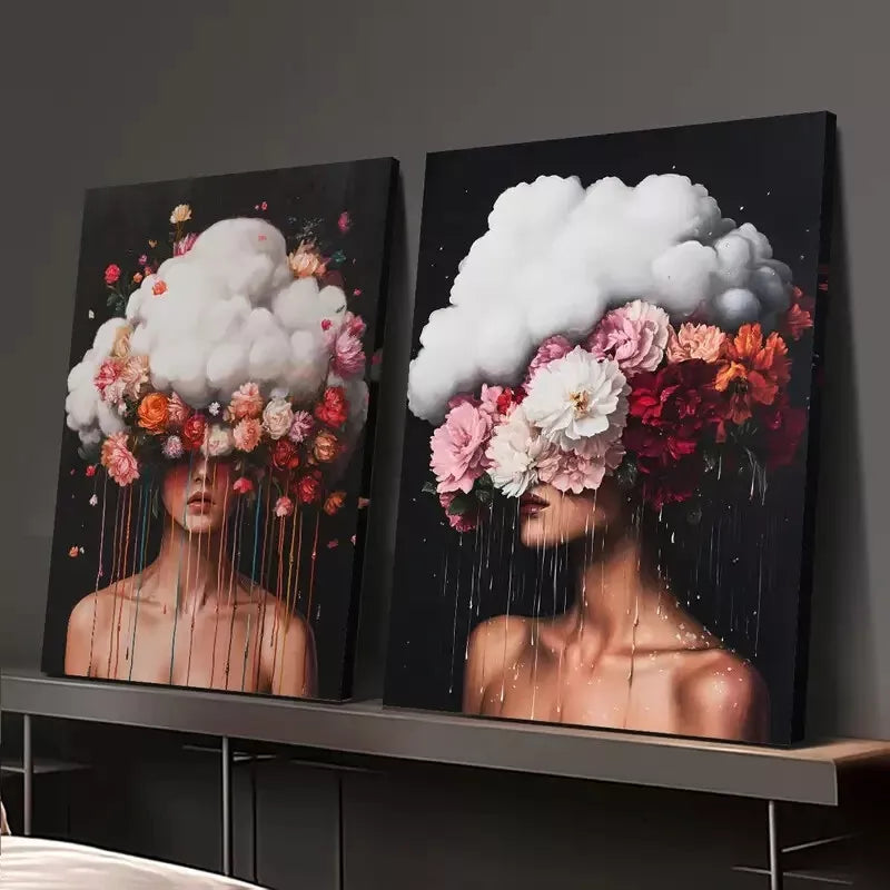 2pcs Surreal Floral Woman & Vibrant Pink and Red Flowers Canvas Framed 50x75cm - High Quality Print 100% Australian Made Wall Canvas Ready to Hang