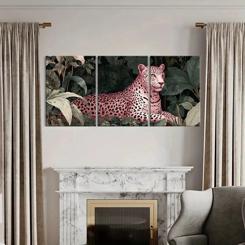 3pcs Pink Leopard Jungle Scene Exotic Wildlife Metal Print Ready to Hang Art