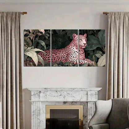 3pcs Pink Leopard Jungle Scene Exotic Wildlife Metal Print Ready to Hang Art