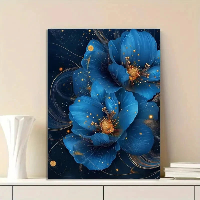 Elegant Blue Floral Golden Glitter Swirls and Dots 40x60cm Metal Print Ready to Hang