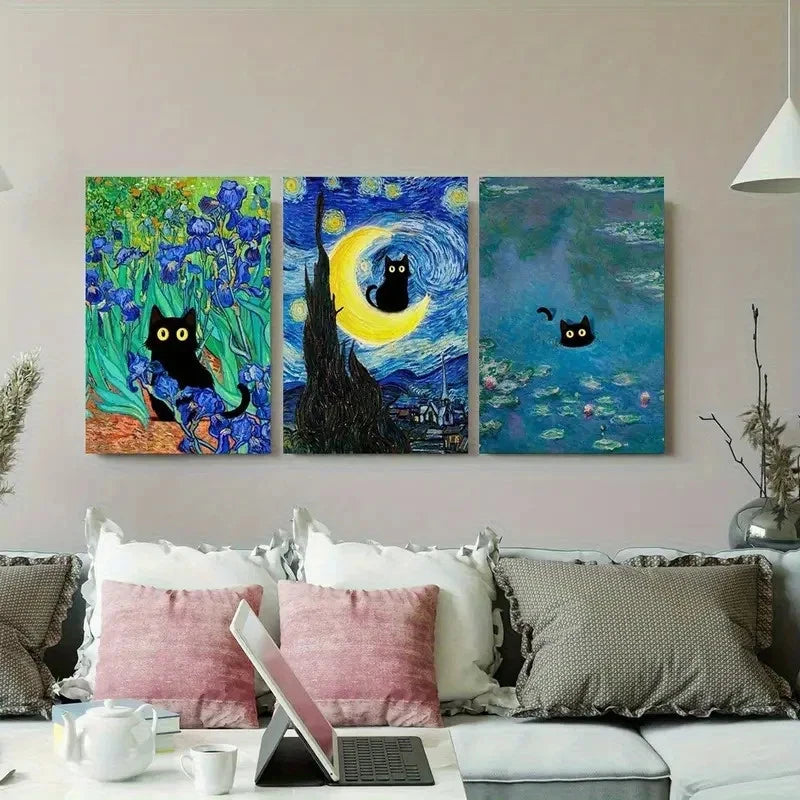 3pcs Black Cat in Famous Artwork Metal Print Ready to Hang Art