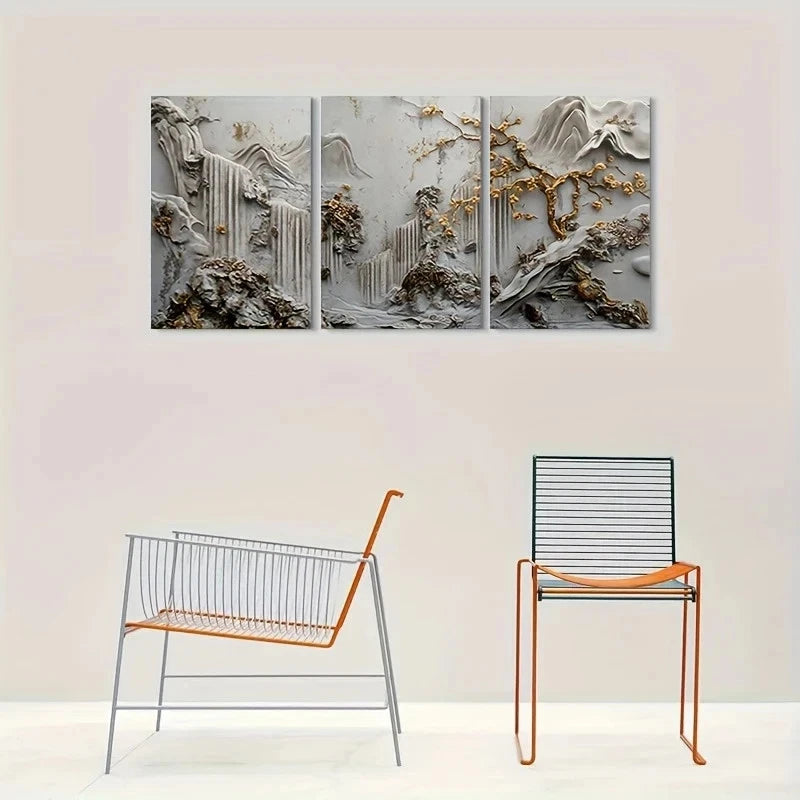 3pcs Abstract Golden Accent Nature Metal Print Ready to Hang Art