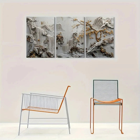 3pcs Abstract Golden Accent Nature Metal Print Ready to Hang Art