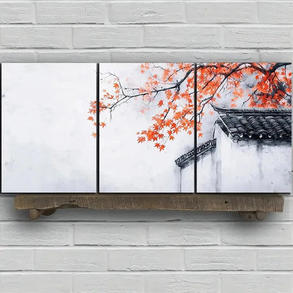 3pcs Japanese Style Red Maple Leaves & Traditional Metal Print Ready to Hang Art