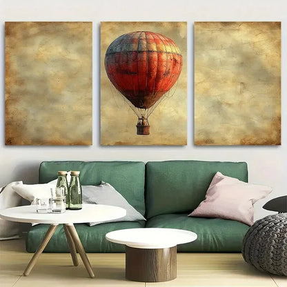 3pcs Antique Hot Air Balloon Design Metal Print Ready to Hang Art