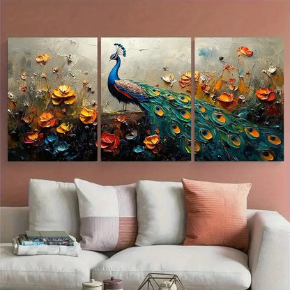 3pcs Vibrant Peacock Bird Impasto Design Metal Print Ready to Hang Art