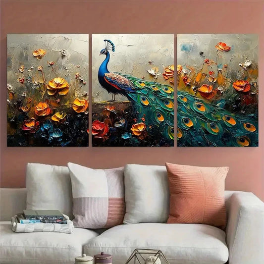 3pcs Vibrant Peacock Bird Impasto Design Metal Print Ready to Hang Art