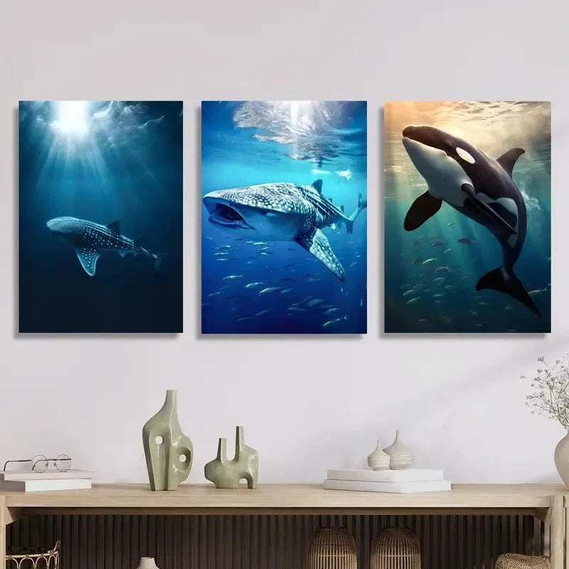 3pcs Whale art, blue marine life, protecting Metal Print Ready to Hang Art
