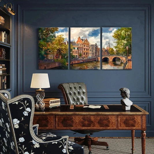 3pcs Vintage Amsterdam Trees and Bridge Scenes Metal Print Ready to Hang Art