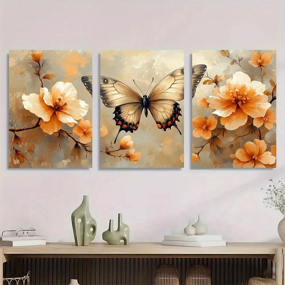 3pcs Beige Floral and Butterfly Serene Nature Metal Print Ready to Hang Art