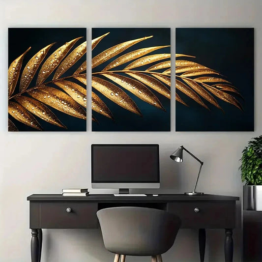 3pcs Elegant Dark Golden Palm Leaf Minimalist Metal Print Ready to Hang Art