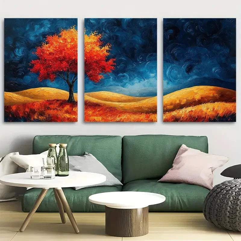 3pcs Vibrant Red Tree Against Dark Sky Nature Metal Print Ready to Hang Art